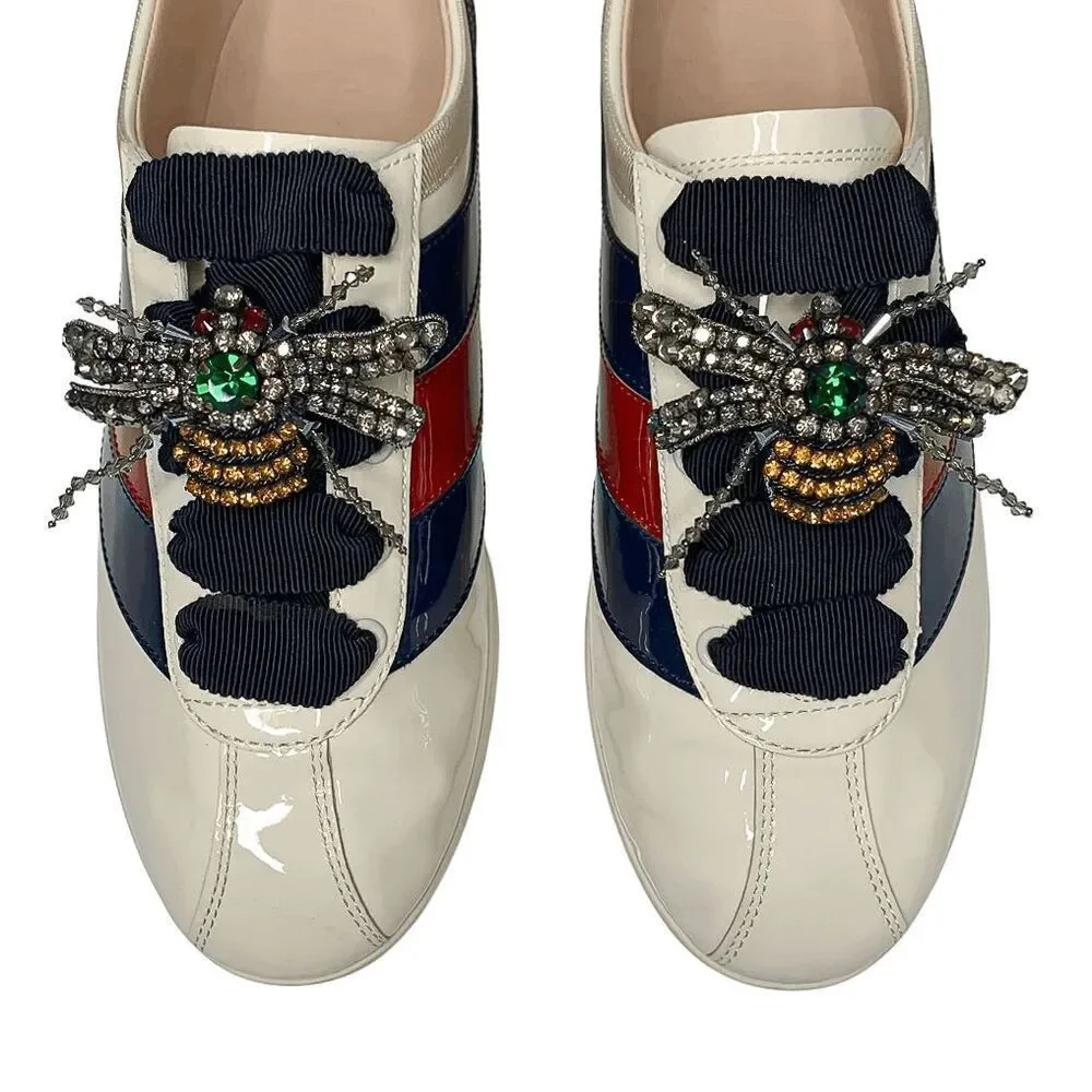 Gucci Falacer Patent Leather Sneakers 38 White Red Blue Bee Crystal Low Top